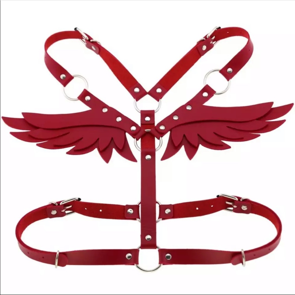 Red Leather Wings Harness Chest Suspenders - Picture 2 of 5
